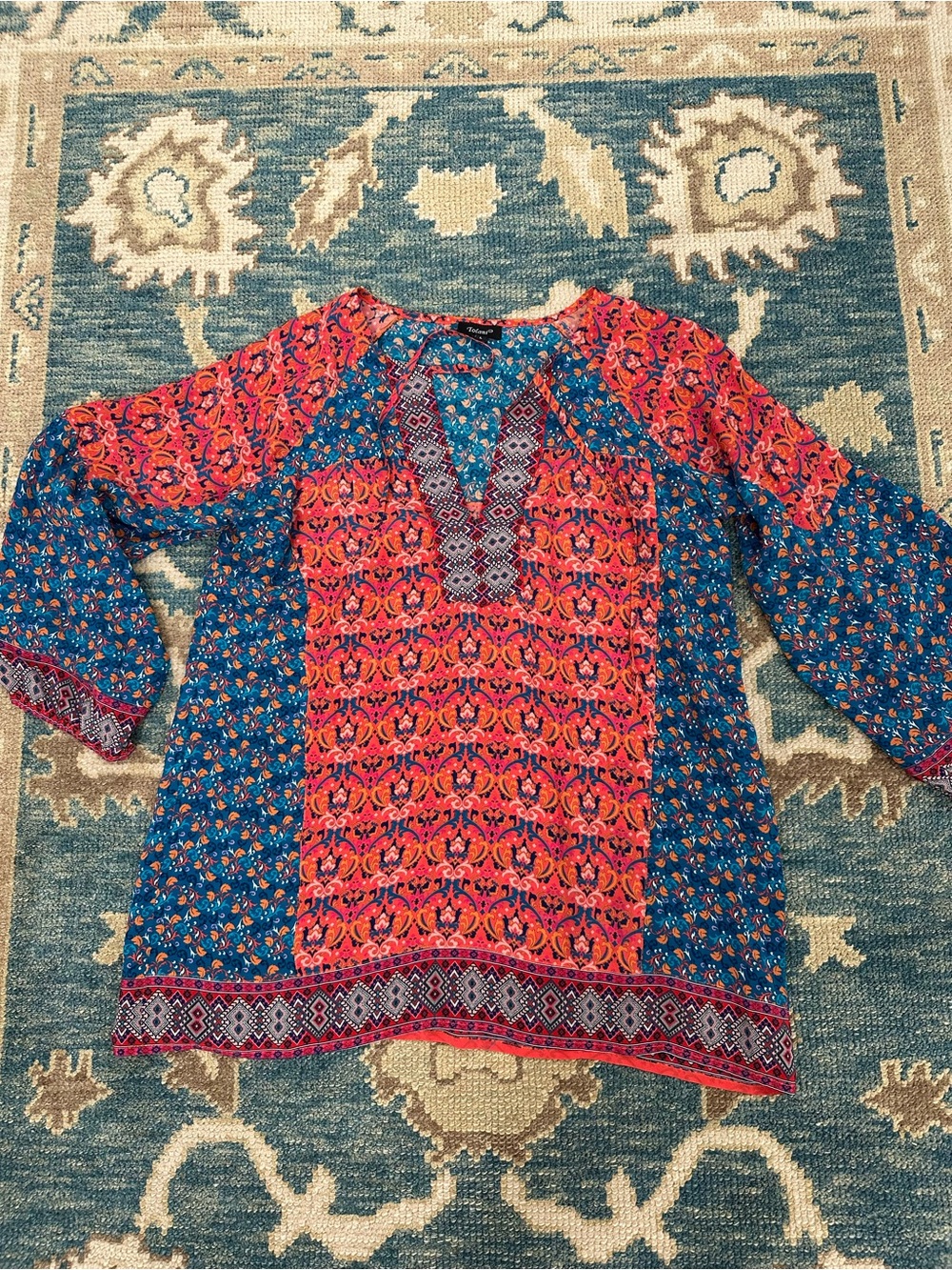Tolani Mixed-Print V-Neck Tunic in Coral and Teal Blue